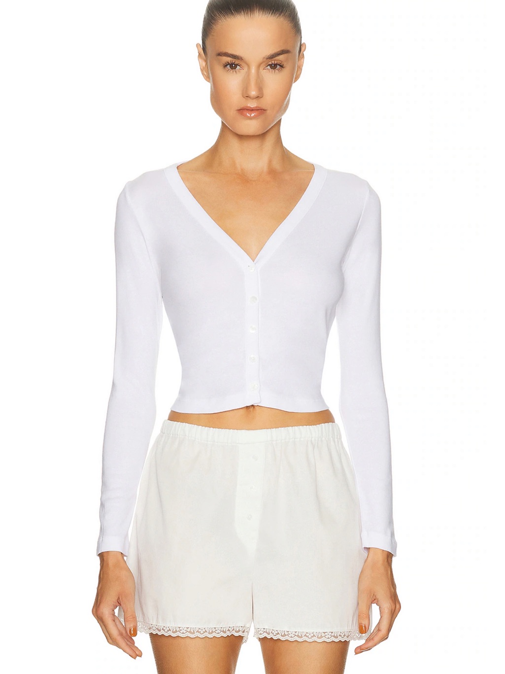 Enza Costa Supima Cotton New Classic V Neck Cardigan Top In White